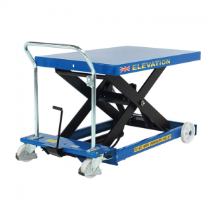 A small, blue hydraulic platform lift.